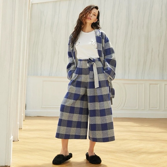 Plaid wool coat and wide leg pant set